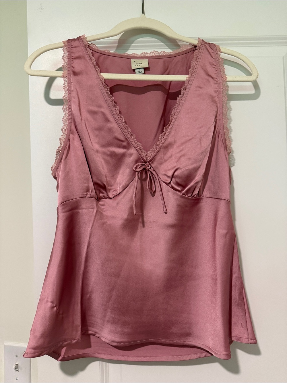 Pink Satin Lace-Trim Cami